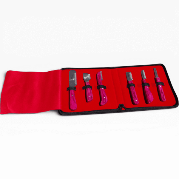 Kit profesional 6 cuchillas stripping perros acero inoxidable japonés Della International estuche rojo mangos madera rosa – Set completo hand stripping