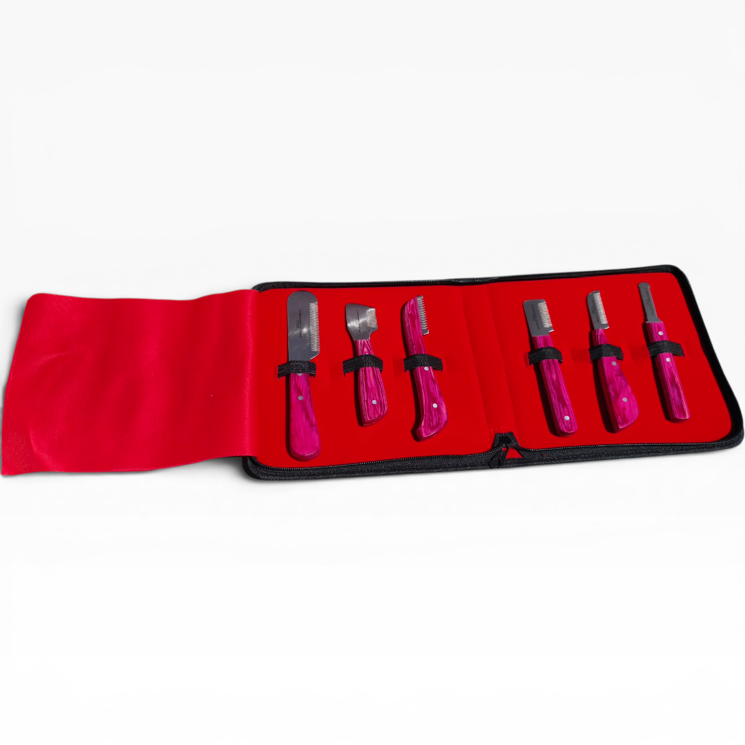 Kit profesional 6 cuchillas stripping perros acero inoxidable japonés Della International estuche rojo mangos madera rosa – Set completo hand stripping