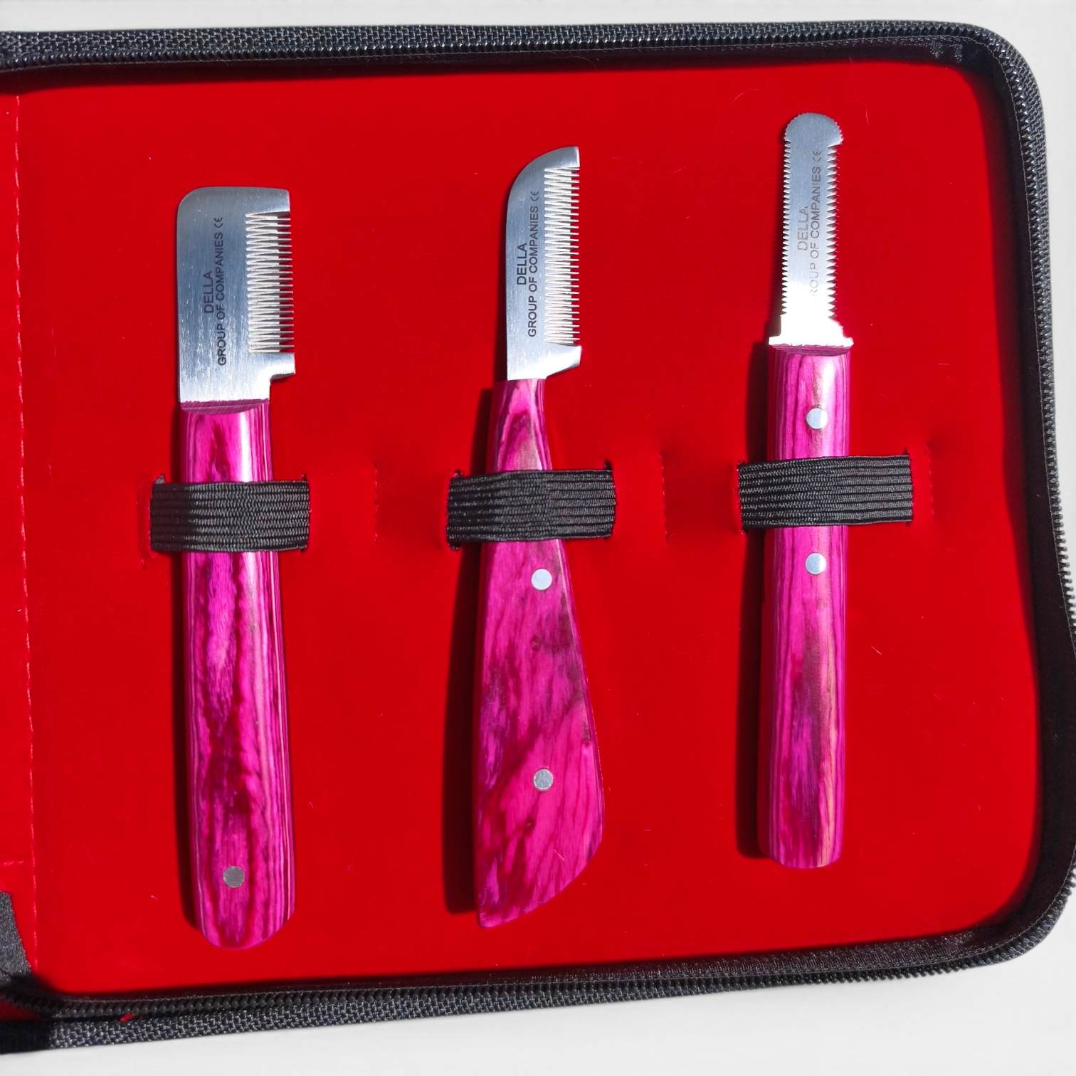 Cuchillas Fina, Detailing y Terrier – Acabado Profesional Cuchillas stripping fina extra fina detailing y terrier acero inoxidable japonés mangos rosa – Set profesional 6 piezas Della para peluquería canina España