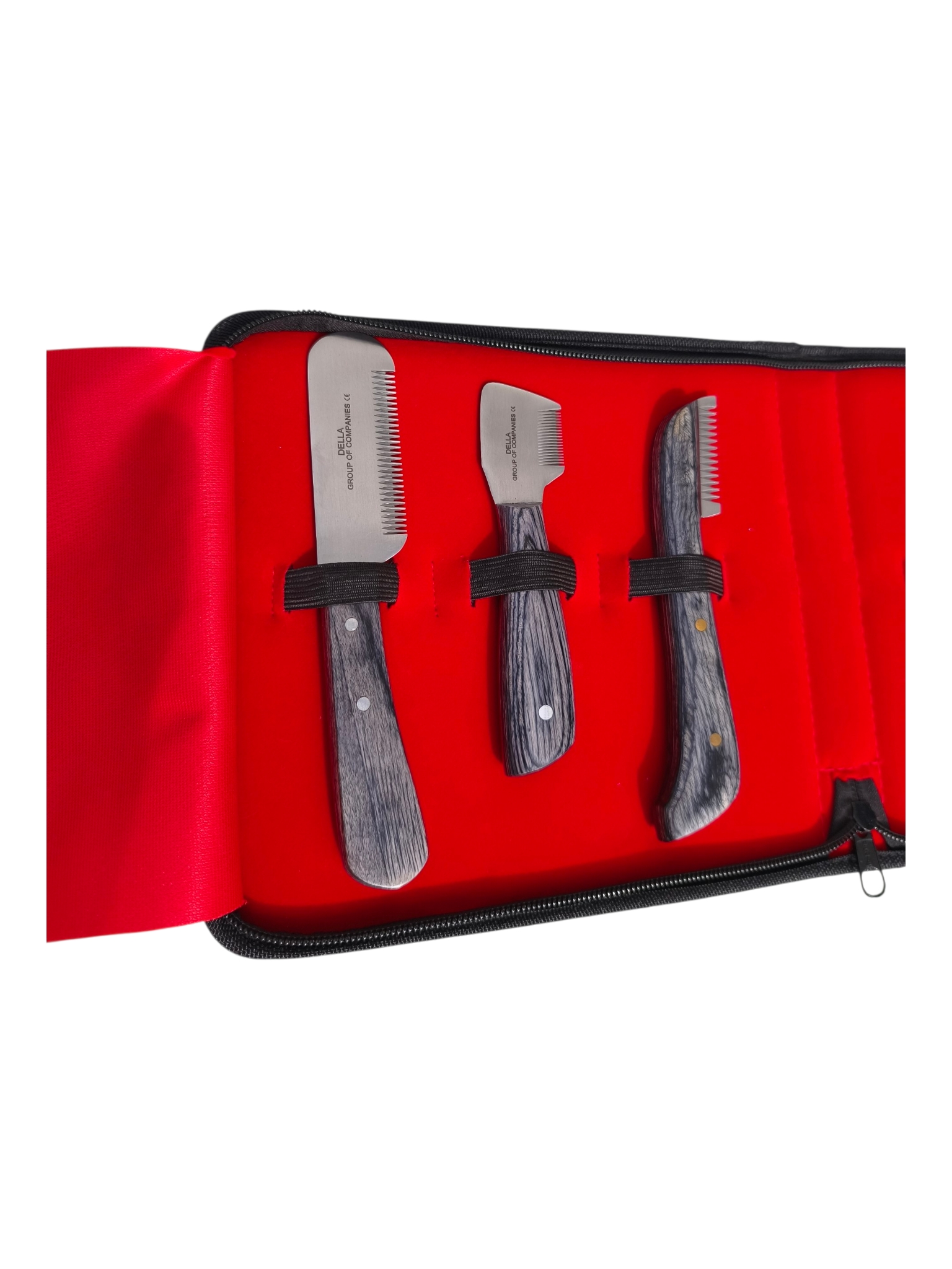 Cuchillas Stripping Gruesa, Media y Fina – Acero japonés Della Detalle cuchillas stripping profesionales carding gruesa media y fina acero japonés con mangos ergonómicos de madera gris oscuro – Kit Della International para perros