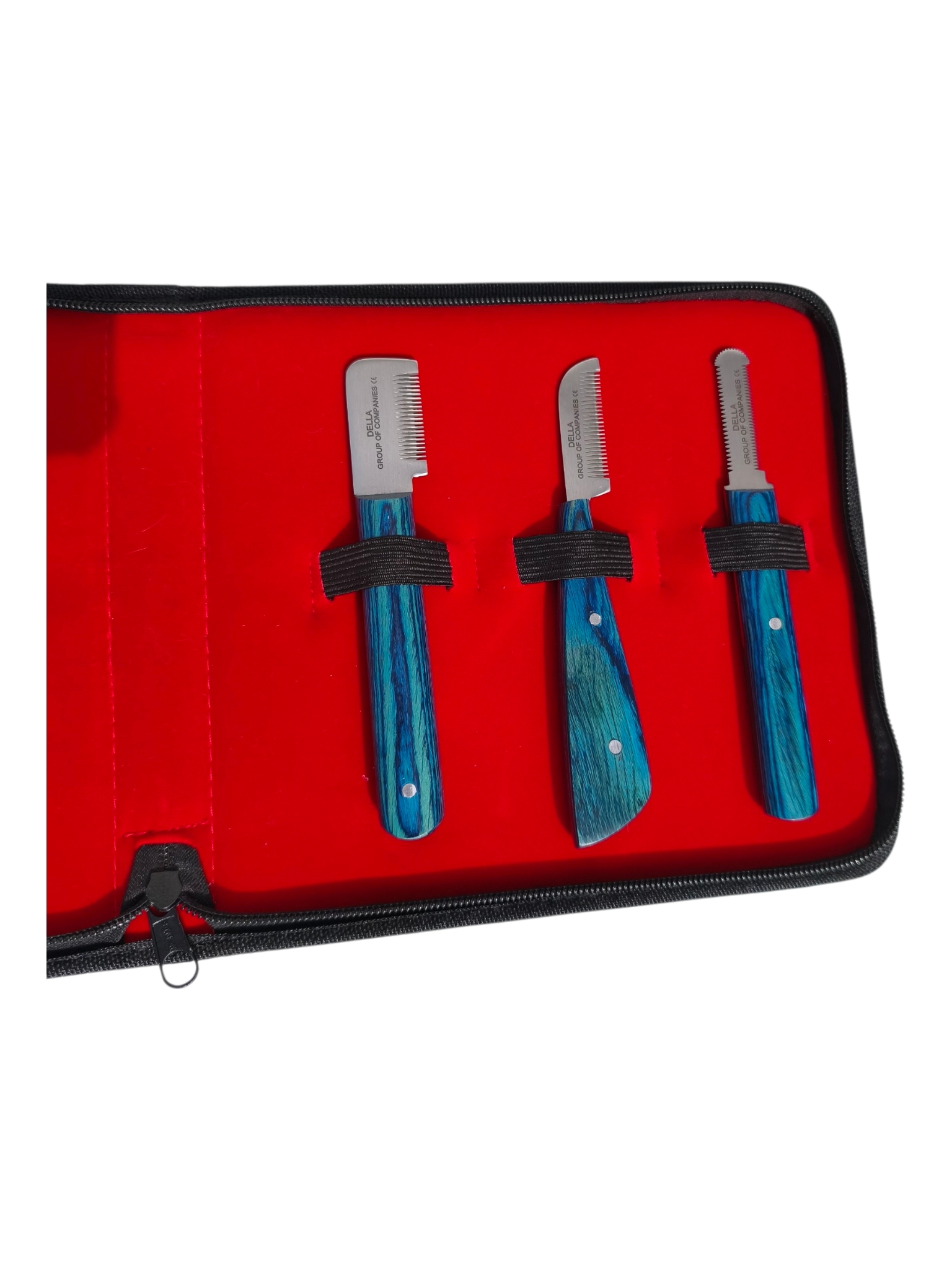 Cuchillas Fina, Detailing y Terrier – Acabado Profesional Cuchillas stripping fina extra fina detailing y terrier acero inoxidable japonés mangos azul – Set profesional 6 piezas Della para peluquería canina España