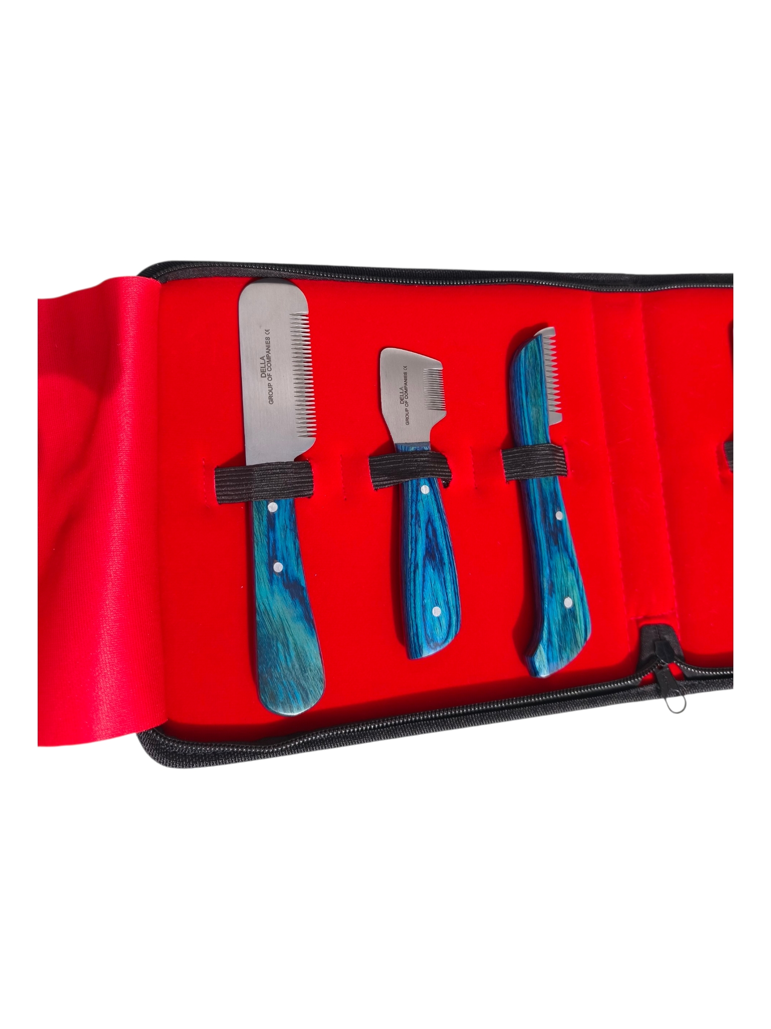 Cuchillas Stripping Gruesa, Media y Fina – Acero japonés Della Detalle cuchillas stripping profesionales carding gruesa media y fina acero japonés con mangos ergonómicos de madera azul – Kit Della International para perros